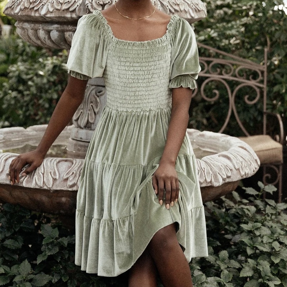 Baltic Born Large Sage Velvet Smocked Midi Dress